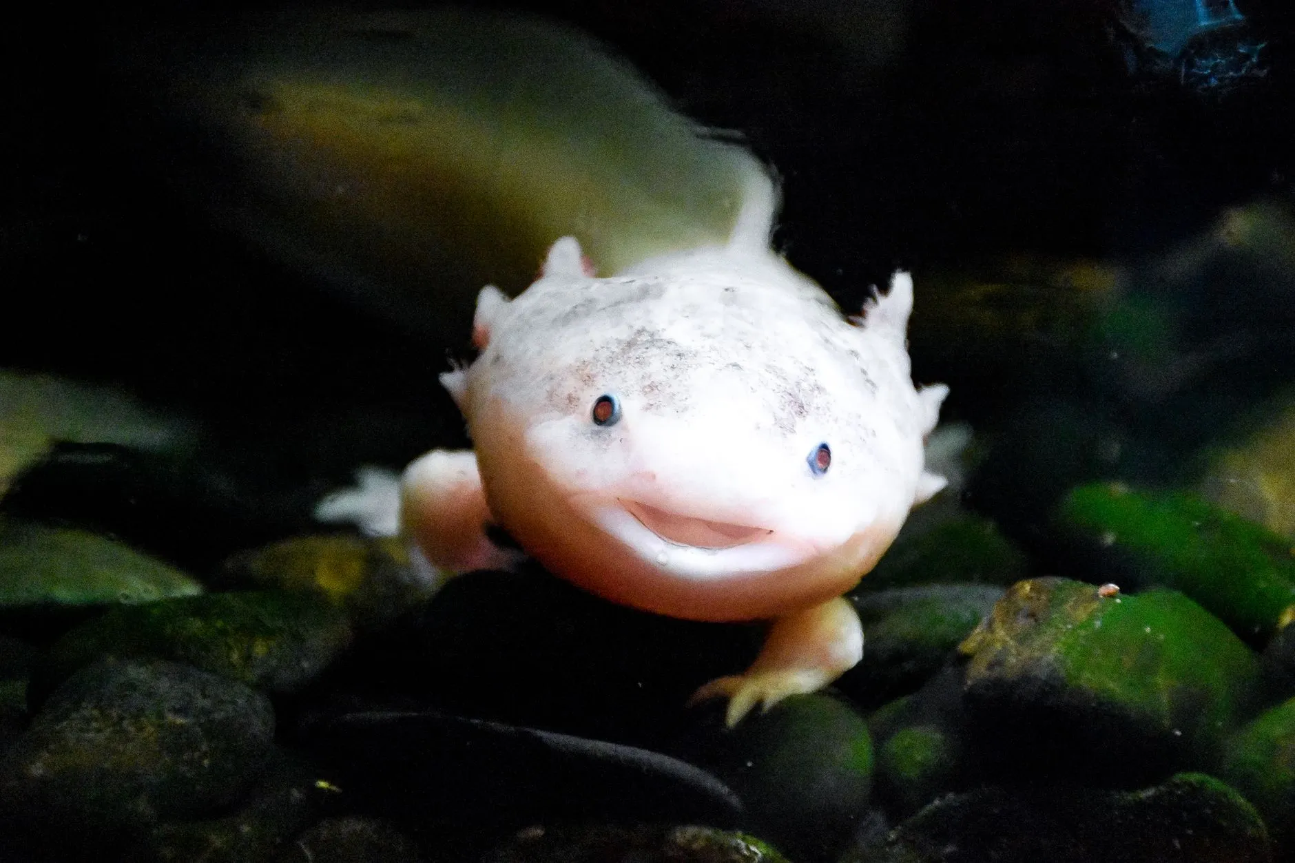 A pink leucistic axolotl smiling at the camera